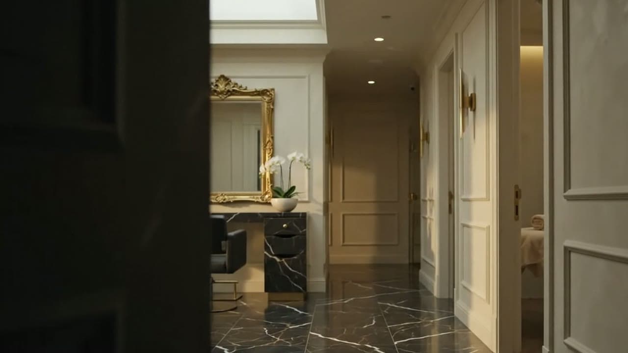 Poste de coiffage en marbre noir et laiton, et la porte ouverte d’une cabine de soins au fond