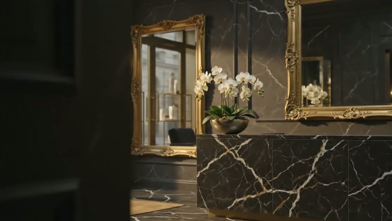 Comptoir de marbre noir, miroir doré et orchidée blanche dans la lumière d’une vitrine