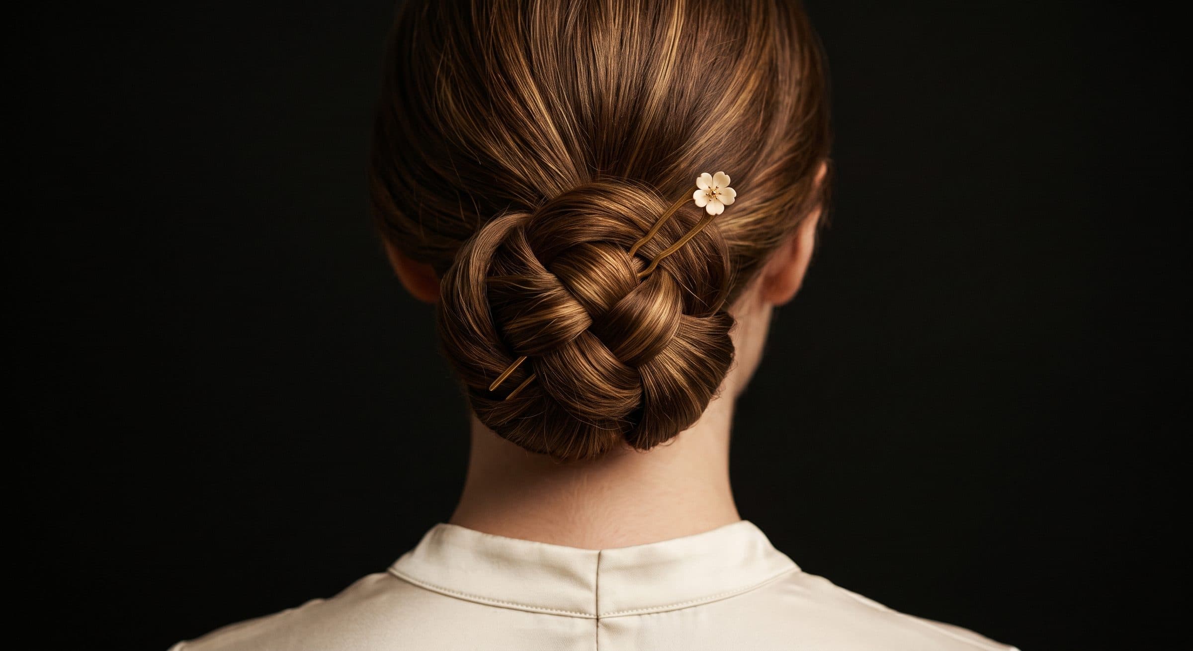 Chignon tressé bas, retenu par une épingle dorée à fleur, vu de dos